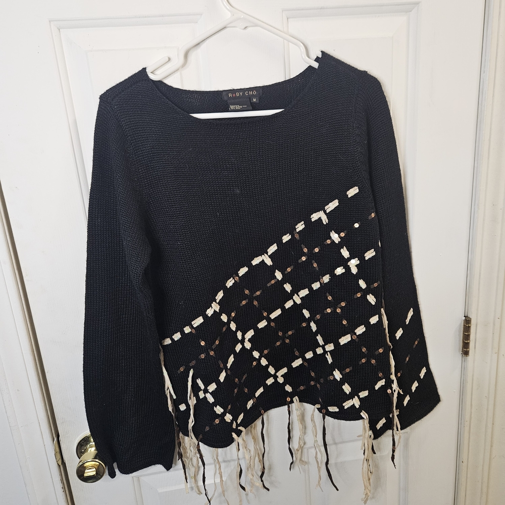 Ruby Cho Black Knit Sweater Cream Lattice Argyle Fringe Hem Sequin Accents M